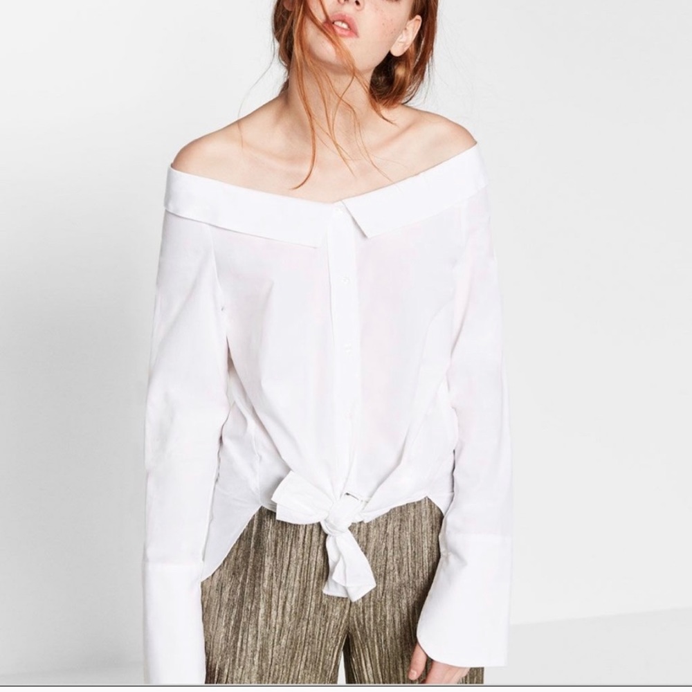 Zara Off the Shoulder White Button Down